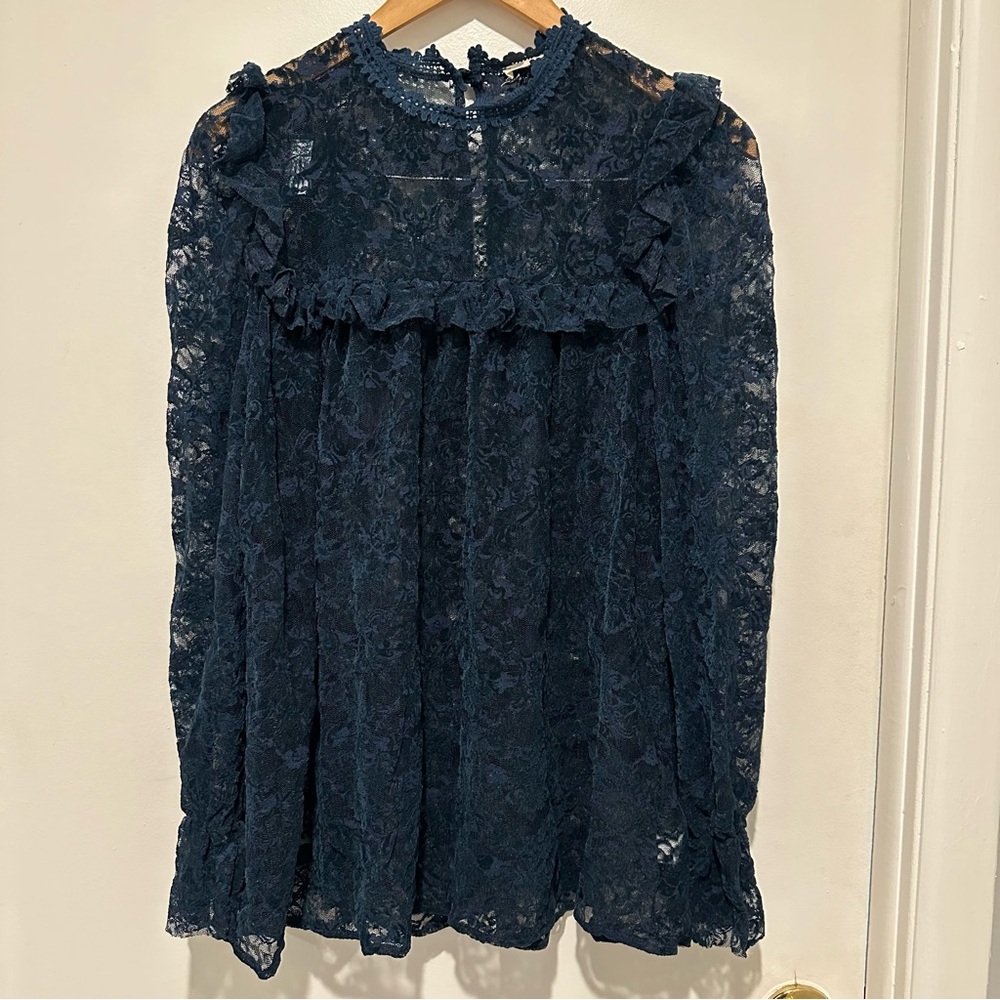 Dark Blue Floral Lace  Blouse Chrysanthemum Boho
Farmhouse High‎ Neck Size S